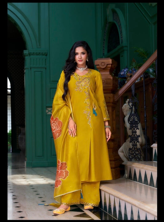 Women’s Roman Silk Angrakhha Kurti Set with Embroidery and Organza Dupatta – XL to XXL