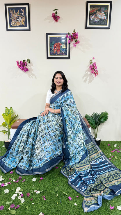 Soft Chanderi Silk Saree with Gold Zari Border and Digital Print – Traditional Wear Saree for Women