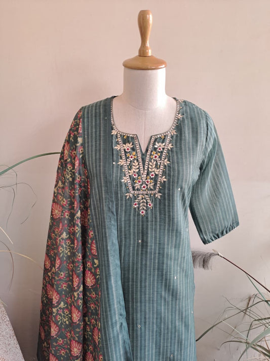 Digital Chanderi Kurta Set with Sequence and Zari Pittan Embroidery, Cotton Pant and Printed Dupatta