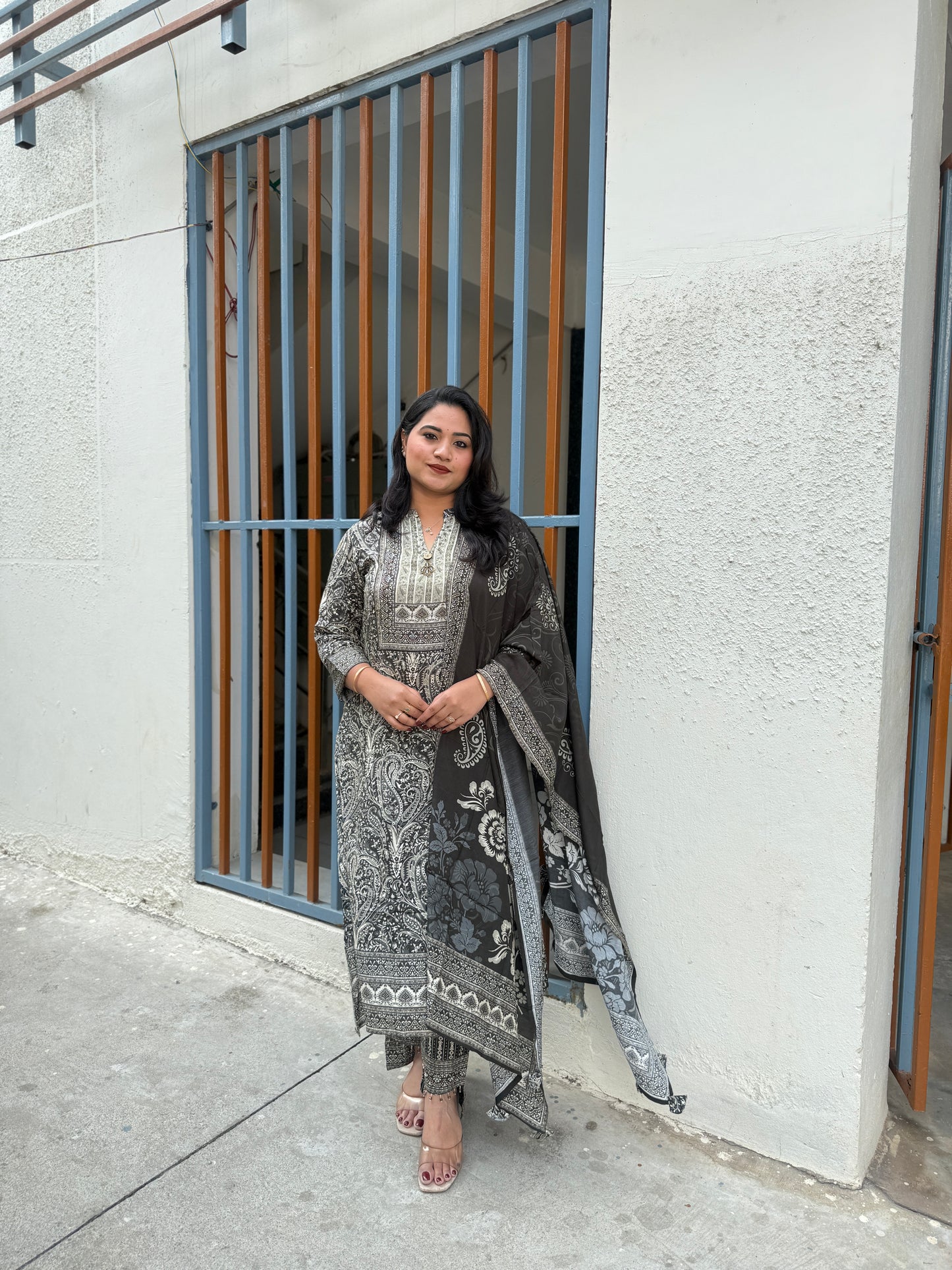 Women’s digital viscose silk kurta set with moti sequence handwork, pant and muslin dupatta, size 38–44