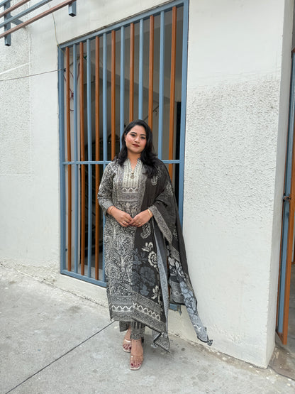 Women’s digital viscose silk kurta set with moti sequence handwork, pant and muslin dupatta, size 38–44