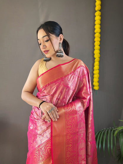Kanchipuram Silk Saree with Intricate Zari Weaving, Rich Pallu, and Coordinated Blouse