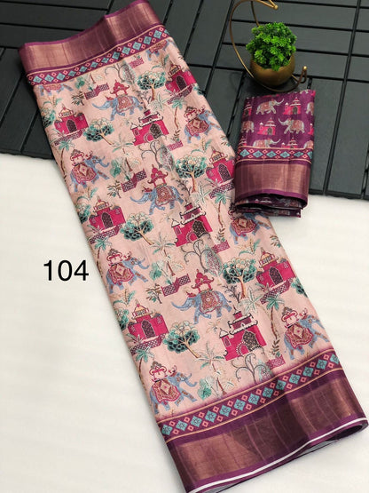 Mangalgiri Saree for Women with Kalamkari Print, Zari Weaving Border, Digital Pallu and Contrast Blouse Piece