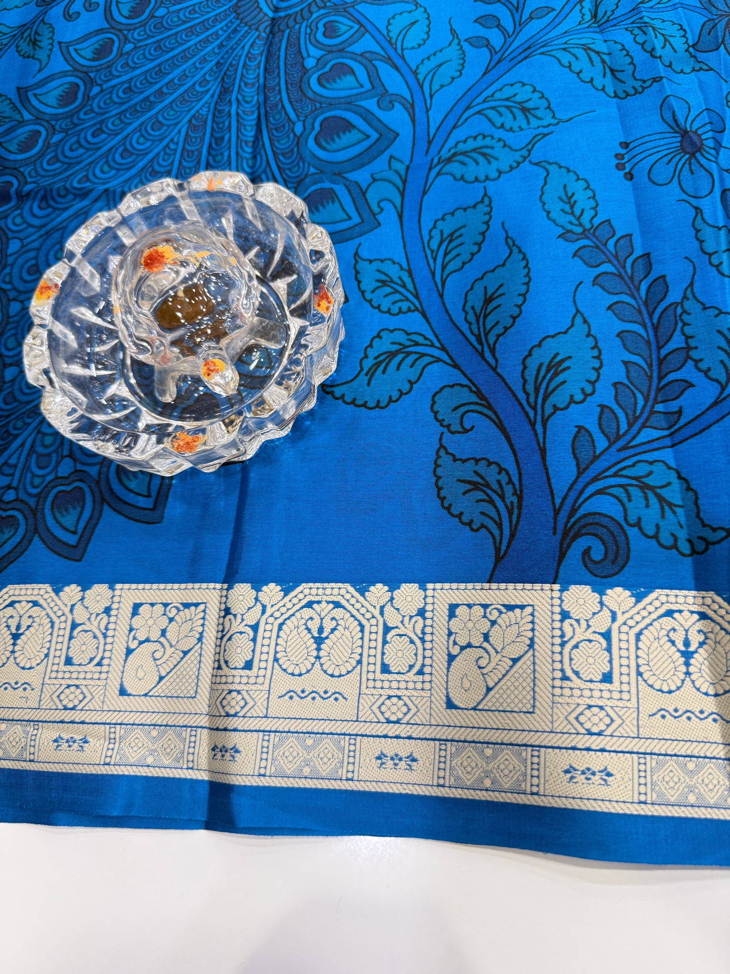 Pure Crepe Mysore Silk Saree for Women – Kalamkari Print with Kathan Border, 75 Gram, Silk Mark Certified