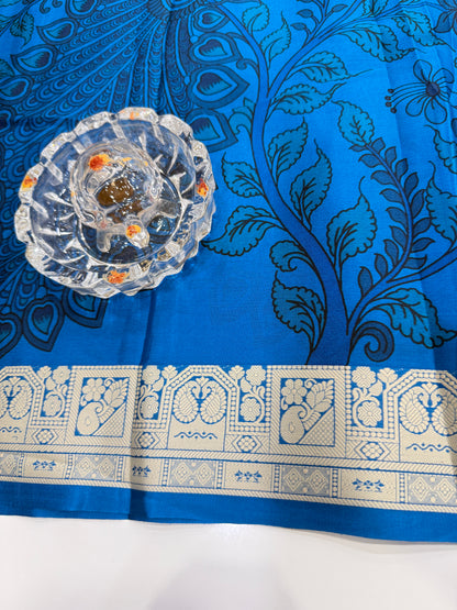 Pure Crepe Mysore Silk Saree for Women – Kalamkari Print with Kathan Border, 75 Gram, Silk Mark Certified