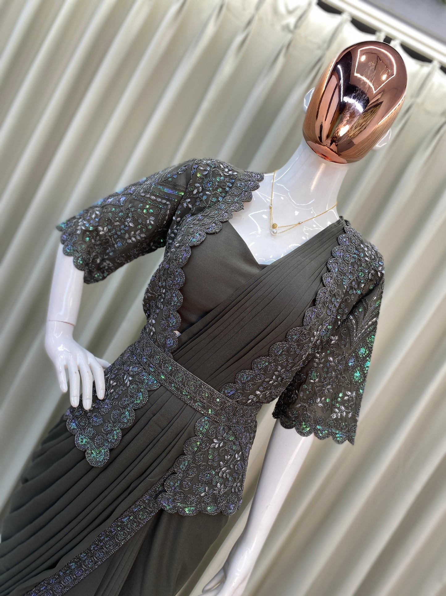 Georgette Ready-to-Wear Saree with Sequence Embroidery, Embroidered Koti & Work Belt – Free Size up to XXL