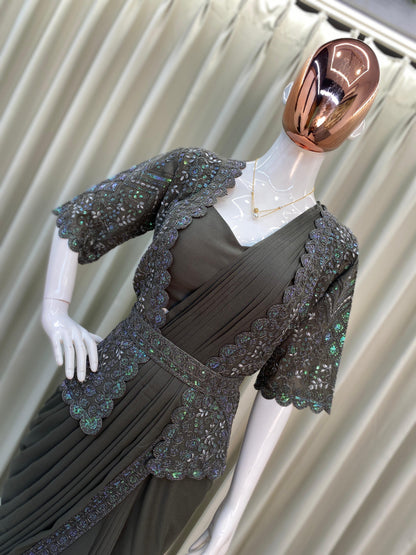 Georgette Ready-to-Wear Saree with Sequence Embroidery, Embroidered Koti & Work Belt – Free Size up to XXL