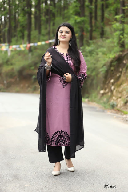 Embroidered Cotton Kurti Pant Dupatta Set for Women with Designer Sleeves – Sizes 38 to 46