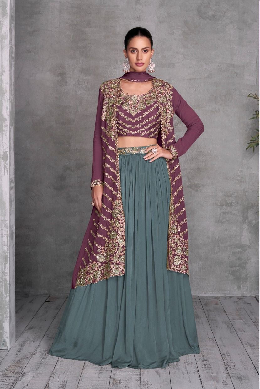 Real Chinon Embroidered Skirt and Top Set with Cancan – Free Size Stitched Festive Wear for Women