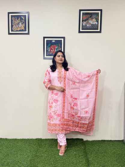 Cotton Schiffli Digital Print Suit Set with Muslin Dupatta and Khatli Handwork – L to 3XL