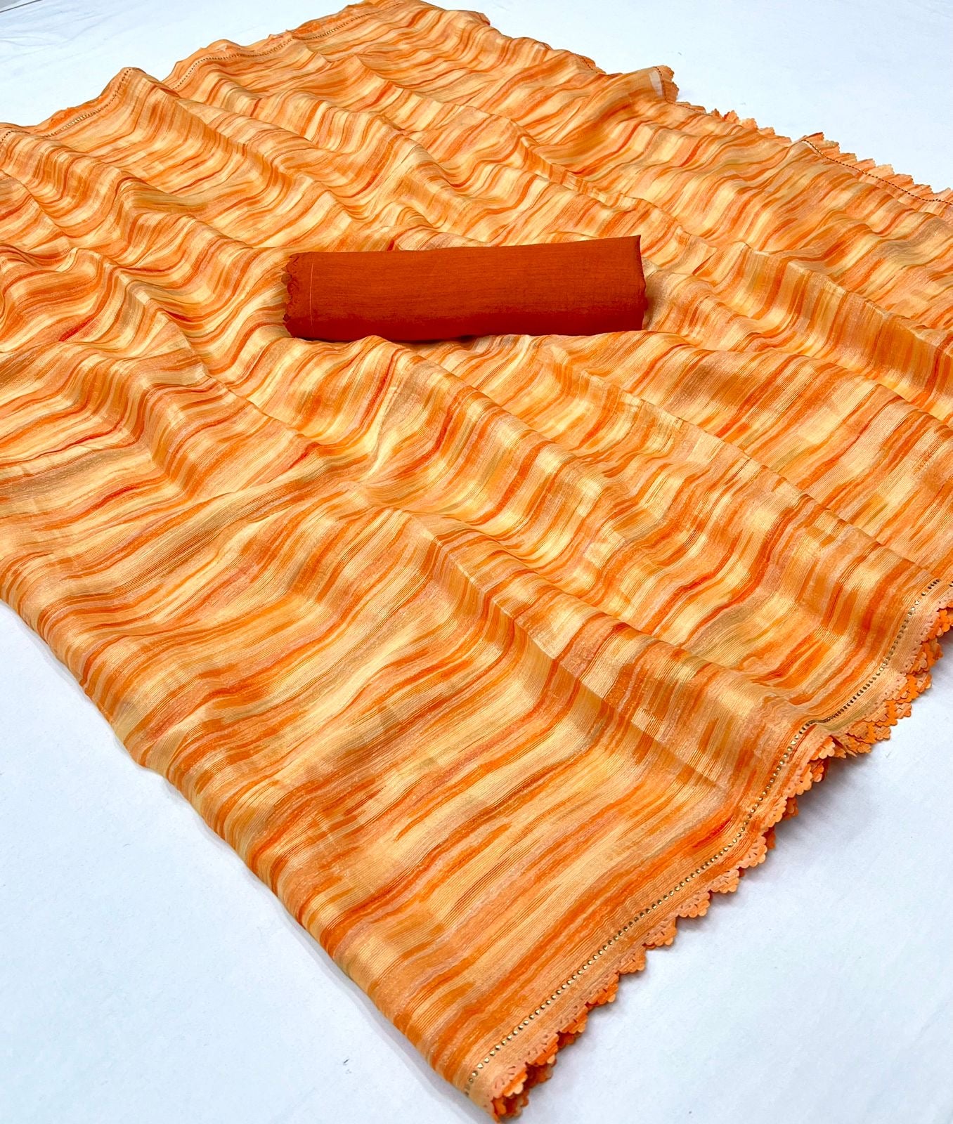 Stunning Gold Georgette Saree with Weaving Zari Sibori Print and Siroski Cutwork Border