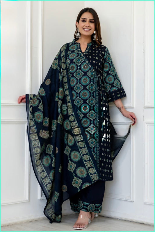 Cotton Angrakha Palazzo Suit Set with Kadana Sequence Work and Mul Cotton Dupatta for Women