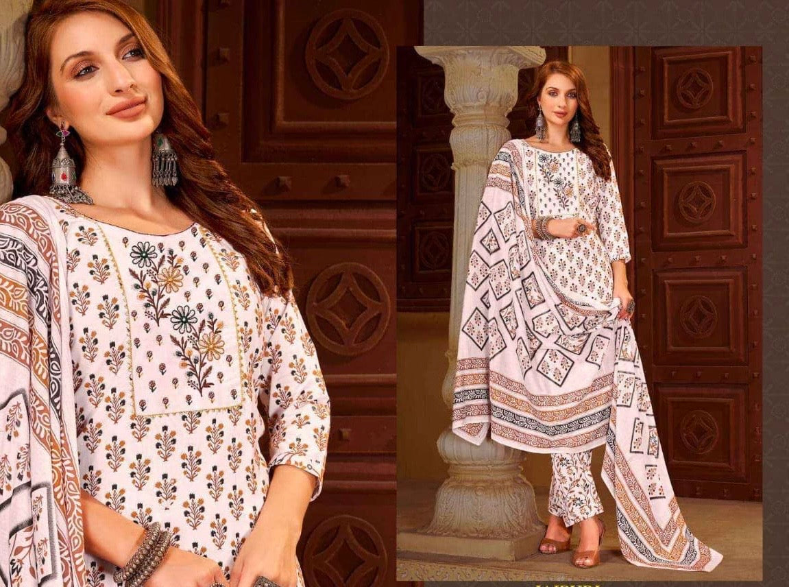 Unstitched Rayon Dress Material with Jaipuri Embroidery Handwork and Mal Printed Dupatta