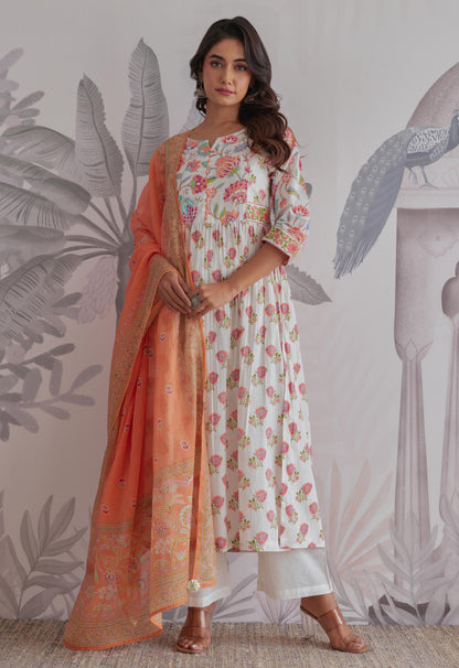 Cotton Anarkali Kurta Pant Dupatta Set with Ethnic Detailing for Women