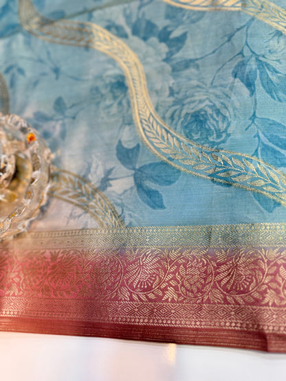 Bamboo Silk Floral Printed Saree with Rich Decorative Pallu, All Over Rich Leheriya Pattern