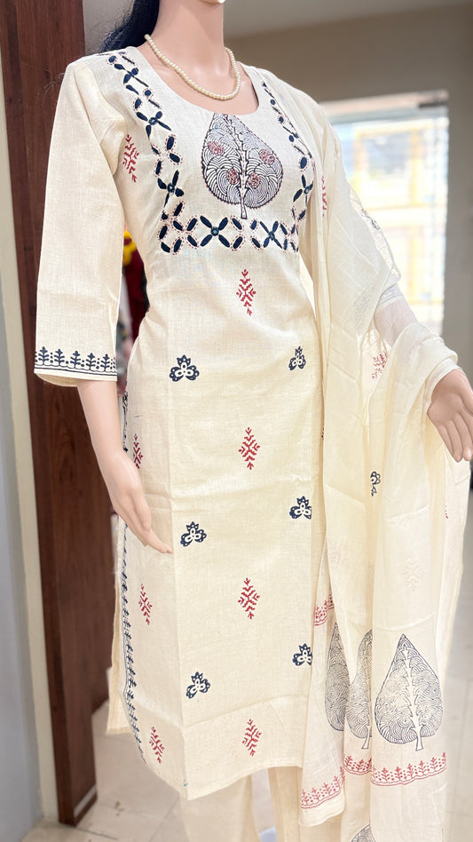 Block print flex kurta pant dupatta set for women, 3/4 sleeves, sizes 38 to 46, ethnic 3 piece suit set