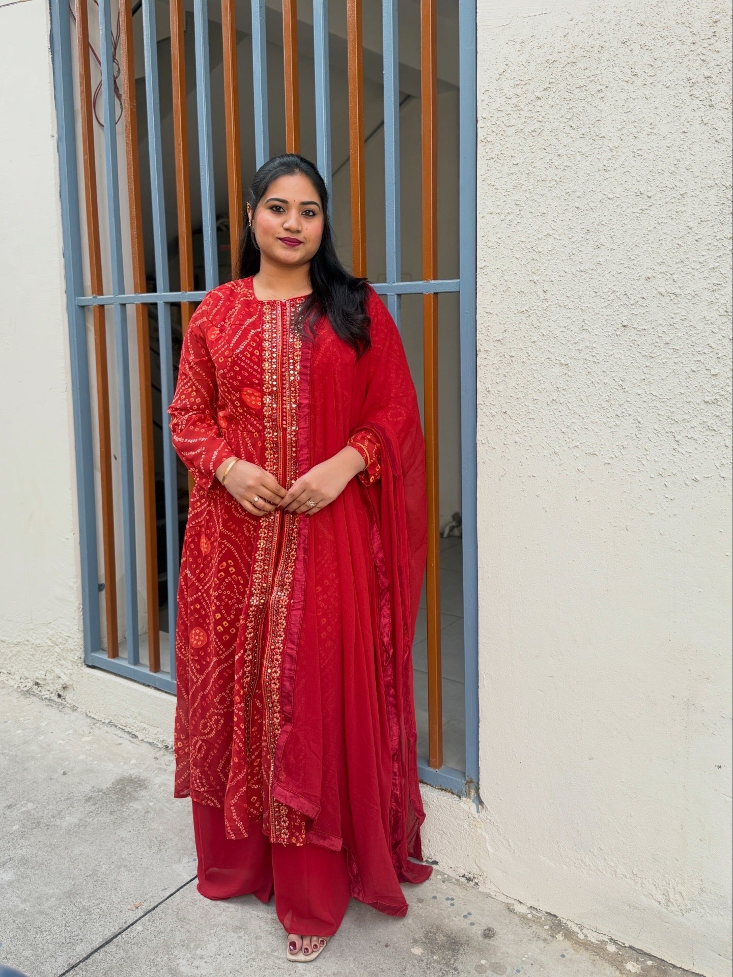 Viscose jacquard silk anarkali suit set with hand embellishment and georgette dupatta – free size stitched