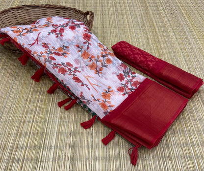 Soft Cotton Slub Saree with HD Floral Print, Zari Weaving Border, and Tassel Pallu for Women