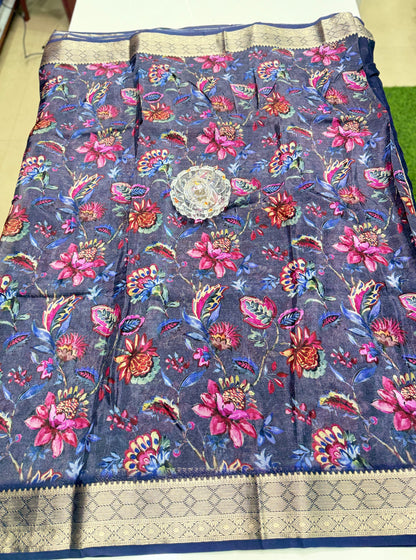 Printed H.O. Silk Saree with Floral and Paisley Design and Zari Border – Premium Festive Saree for Women