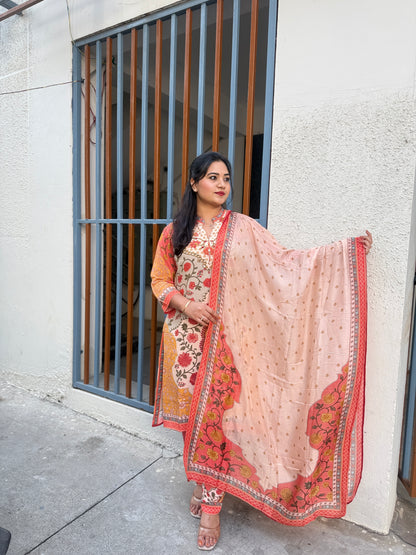 Premium digital crepe printed suit set for women with lining, kurta pant dupatta, thread work detailing