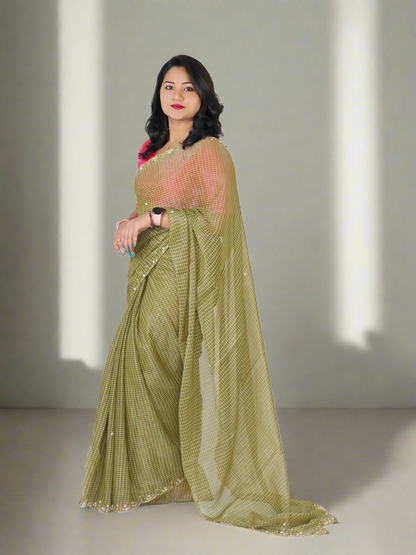 Handwork Nora Chex Saree with Pearl, Cutdana & Sequin Embroidery and Bangalori Silk Blouse