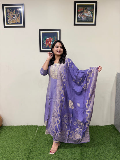 Roman Shimmer Anarkali Suit Set with Muslin Jacquard Dupatta – Women’s XL to 3XL