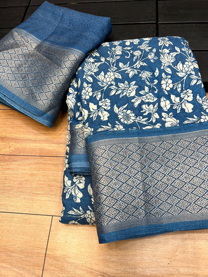 Women’s Printed Binni Crepe Silk Saree with Weaving Viscose Border and Matching Blouse