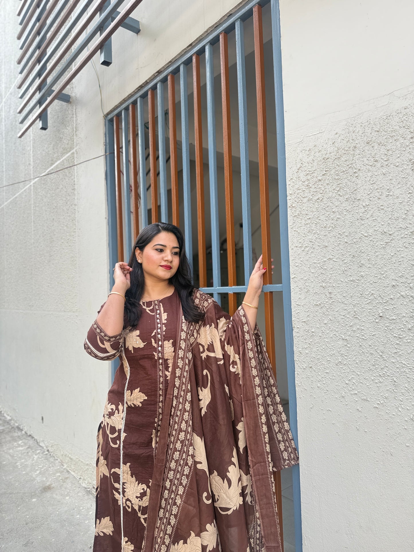 Women’s brown cotton 60x60 straight kurta palazzo set with printed dupatta, M–3XL