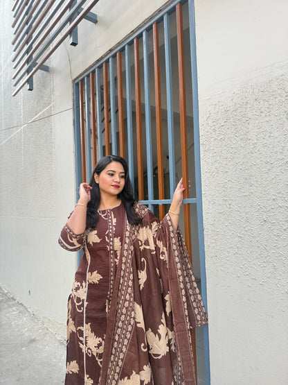 Women’s brown cotton 60x60 straight kurta palazzo set with printed dupatta, M–3XL