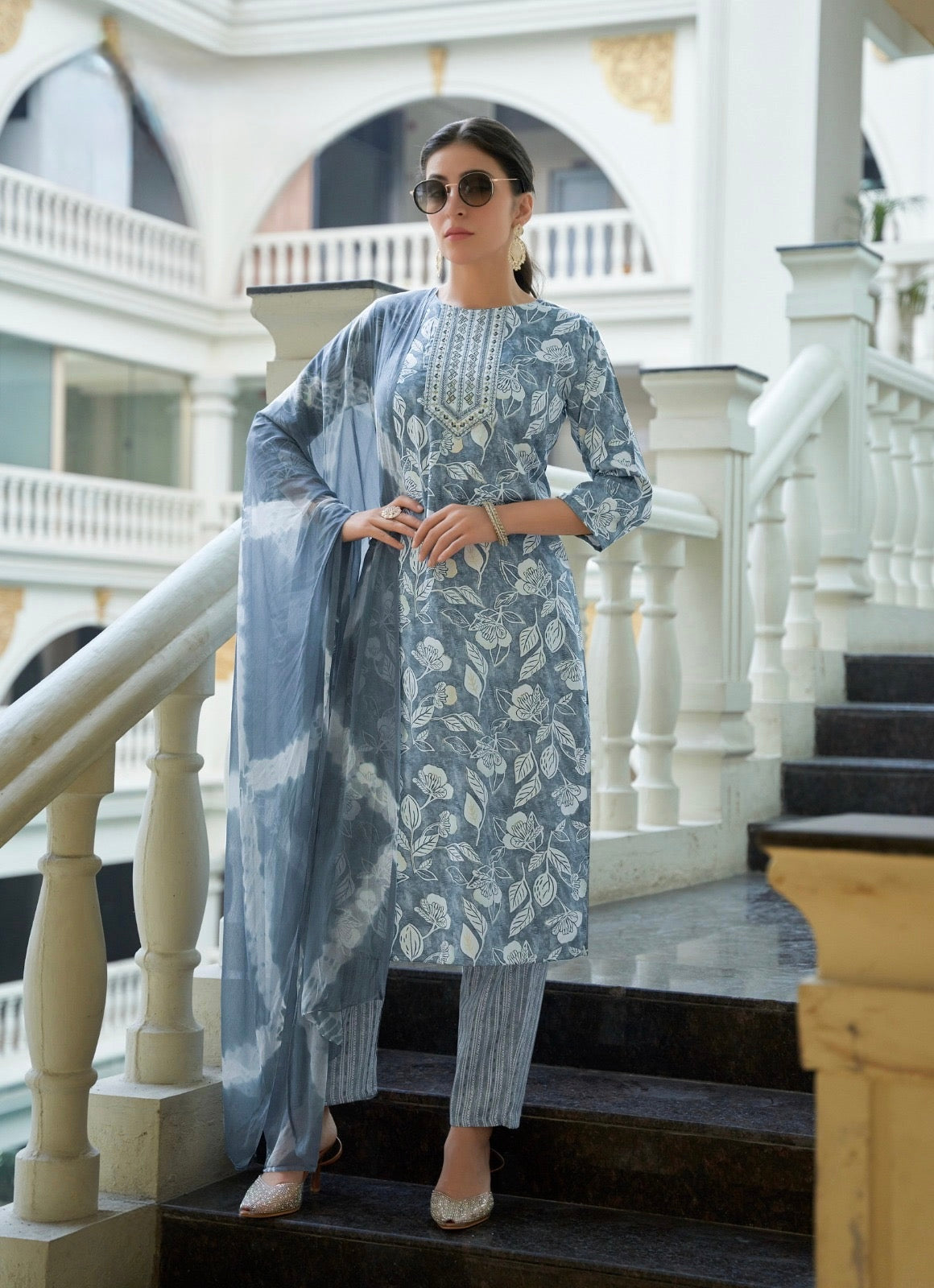 Bamboo Fabric Dobby Foil Print Straight Cut Kurta Pant Dupatta Set with Embroidery – Sizes XL to 3XL
