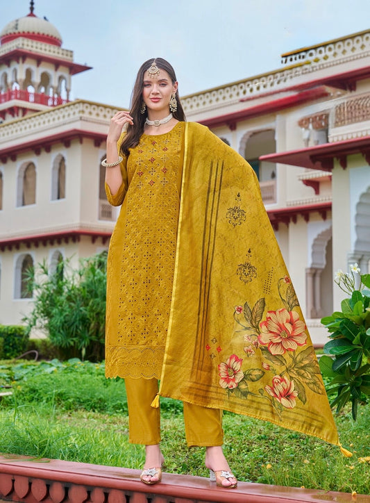 Chanderi Silk Chifli Work Kurti with Pant & Digital Print Dupatta – Festive Wear – Sizes XXL to 4XL