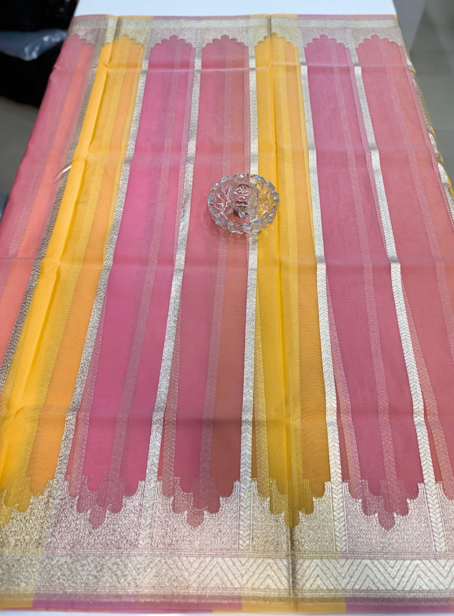 Banarasi handloom kora organza rankaat saree with allover zari stripe weaving and blouse piece