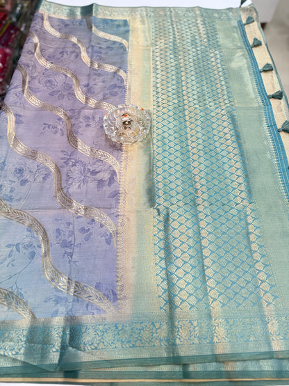 Bamboo Silk Floral Printed Saree with Rich Decorative Pallu, All Over Rich Leheriya Pattern