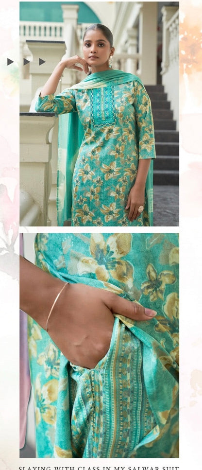 Bamboo Fabric Dobby Foil Print Straight Cut Kurta Pant Dupatta Set with Embroidery – Sizes XL to 3XL