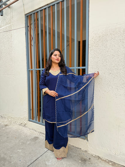 Royal Blue Real Silk Embroidered Kurta Sharara Dupatta Set for Women – Festive and Party Wear Designer Outfit (XL)