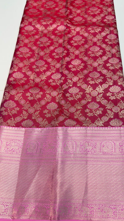 Handloom Kanchi Silk Saree with Silver Zari Weaving in Maroon for Women