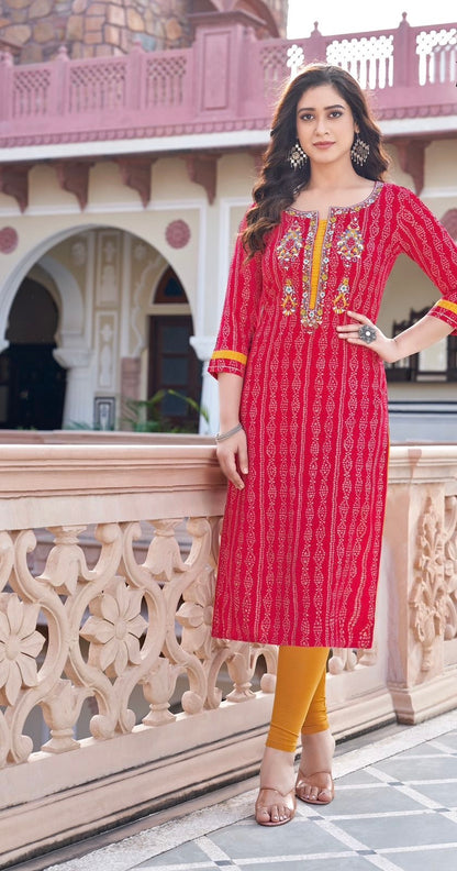 Rayon Printed Kurti with Embroidery and Handwork for Women – XL & XXL