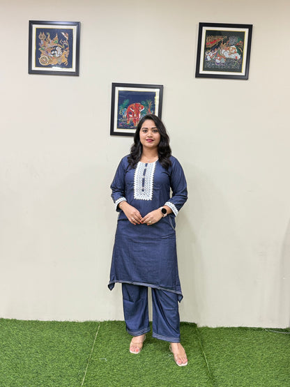 Premium Fancy Denim Co-Ord Set for Women with Thread Work – Fish-Cut Top and Pocket Pant