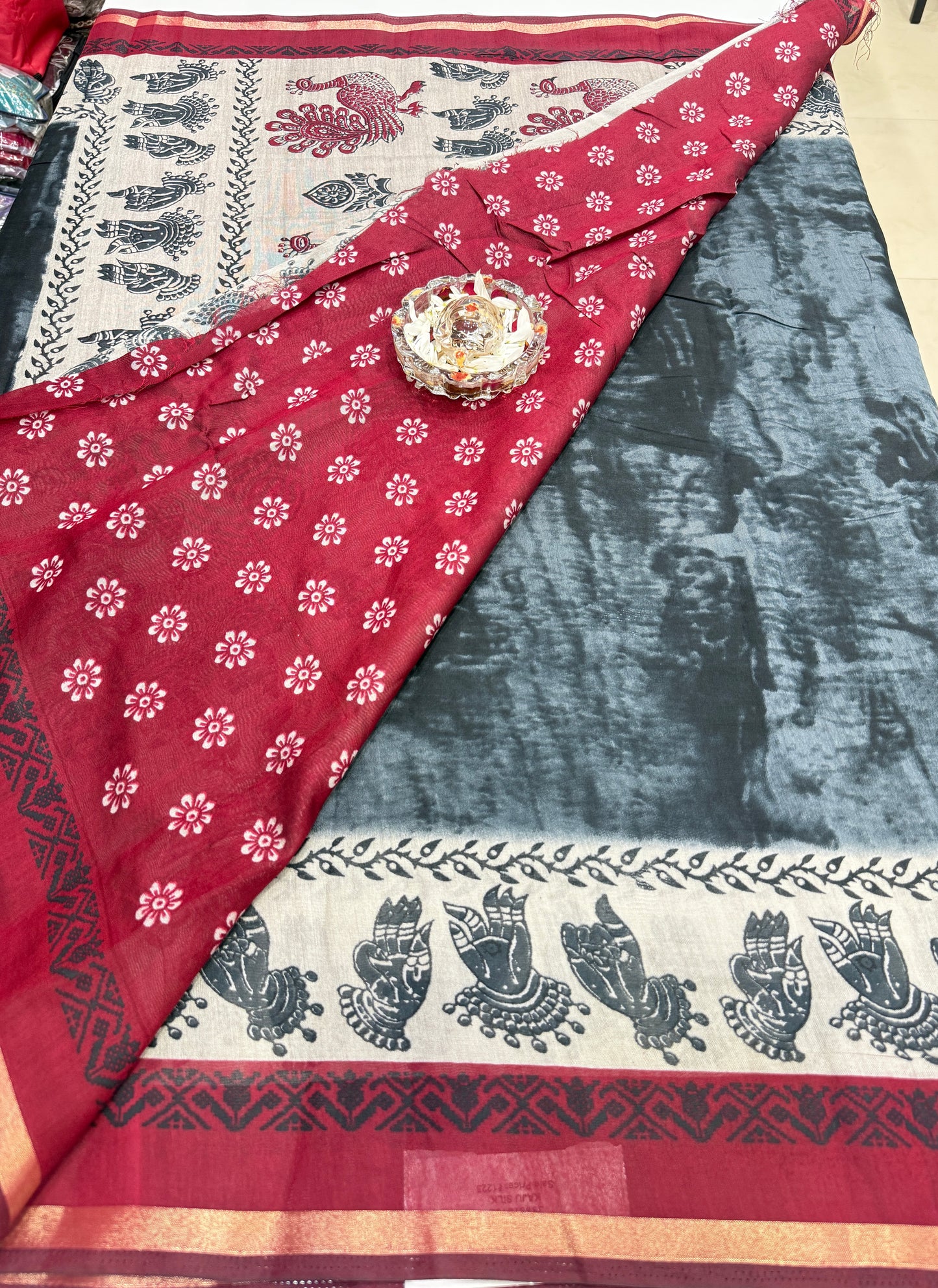 Silk blend printed saree with contrast border and pallu print, 6.3m with running blouse, 6 color options
