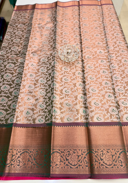Bridal tissue saree for women with woven zari work and contrast border, kanchipuram style powerloom saree with blouse fabric