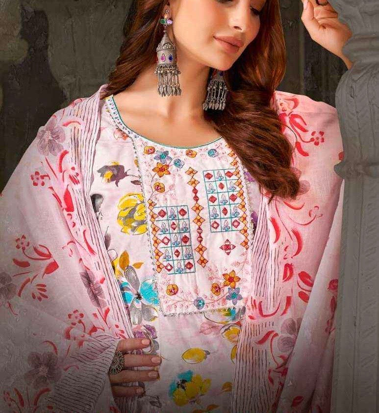 Unstitched Rayon Dress Material with Jaipuri Embroidery Handwork and Mal Printed Dupatta