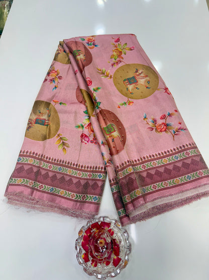 Pure Ziraf Silk Printed Saree with Elephant and Floral Motifs – Lightweight Soft Silk Saree for Women