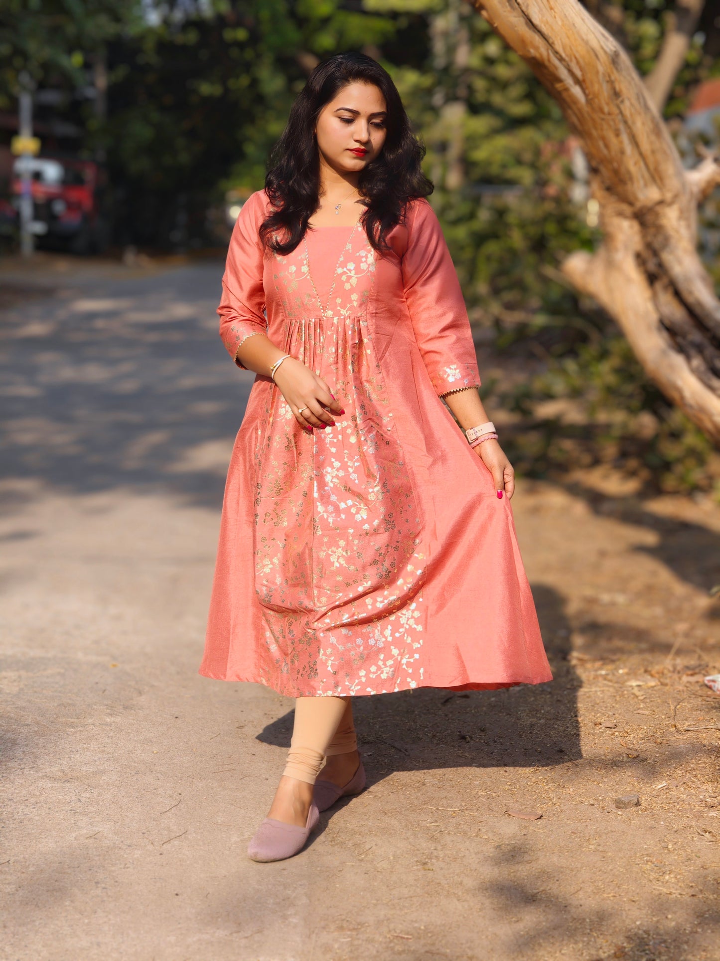 Peach Crepe Silk Floral Foil Printed Panelled Kurta for Women – M to 2XL