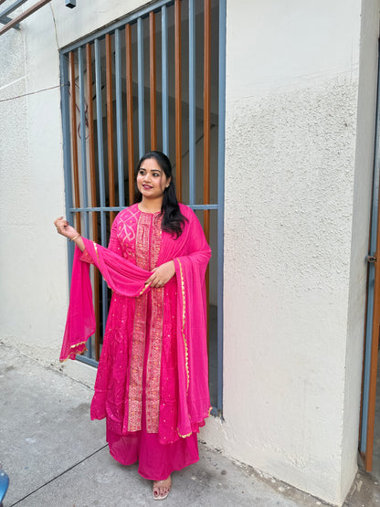 Viscose jacquard silk anarkali suit set with hand embellishment and georgette dupatta – free size stitched