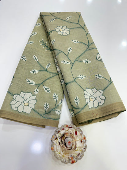 Linen printed saree with floral vine design, contrast border and tassel pallu, women’s daily wear saree
