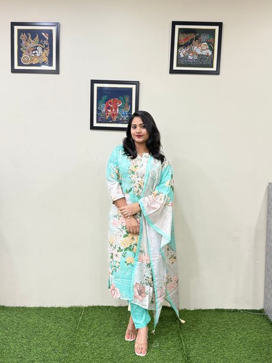 Women’s Linen Schiffli Embroidered Kurta Set with Cotton Pant and Viscose Mal Dupatta – L to 3XL