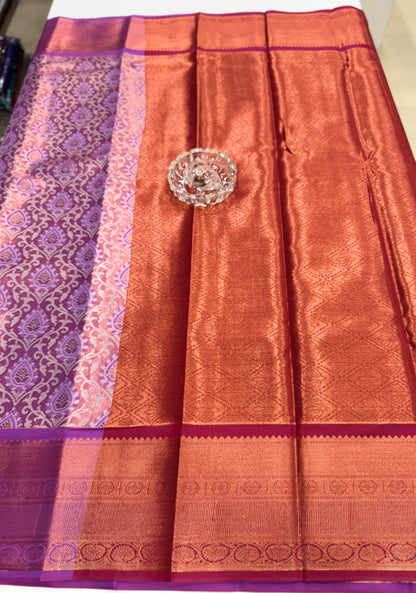 Bridal tissue saree for women with woven zari work and contrast border, kanchipuram style powerloom saree with blouse fabric