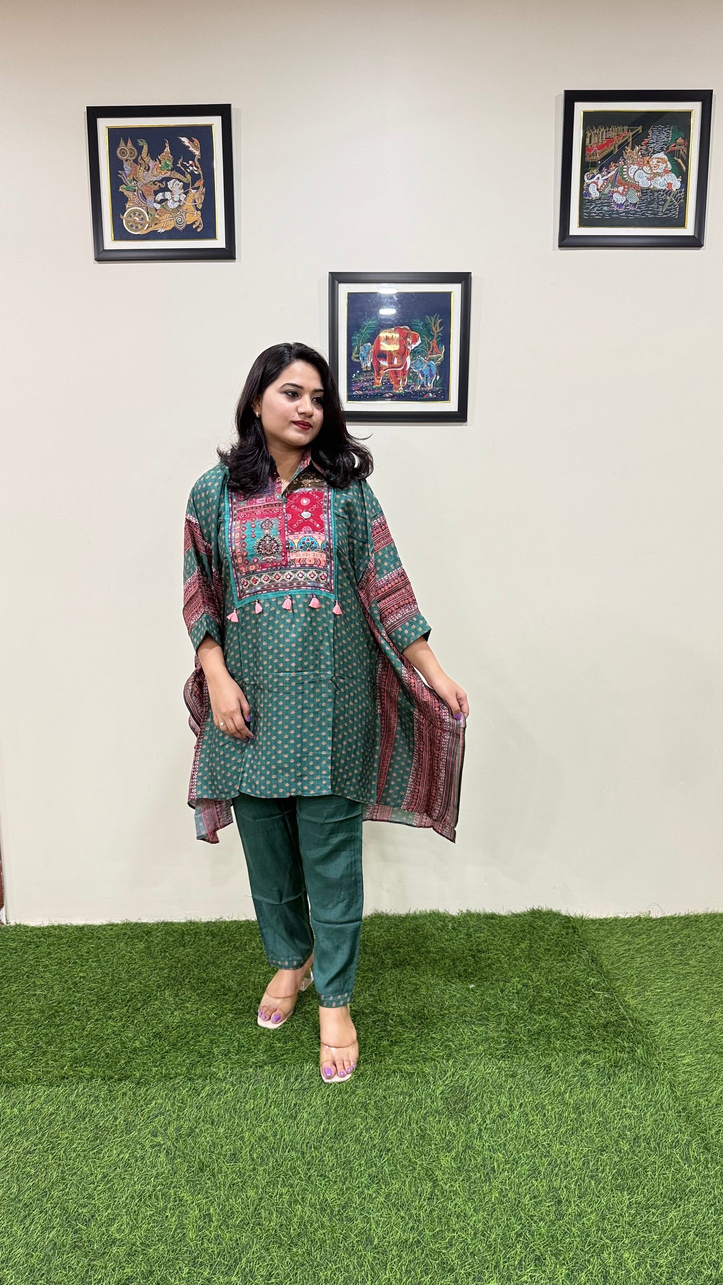 Designer Muslin Digital Print Western Fusion Kurti Pant Set with Mirror and Bead Handwork