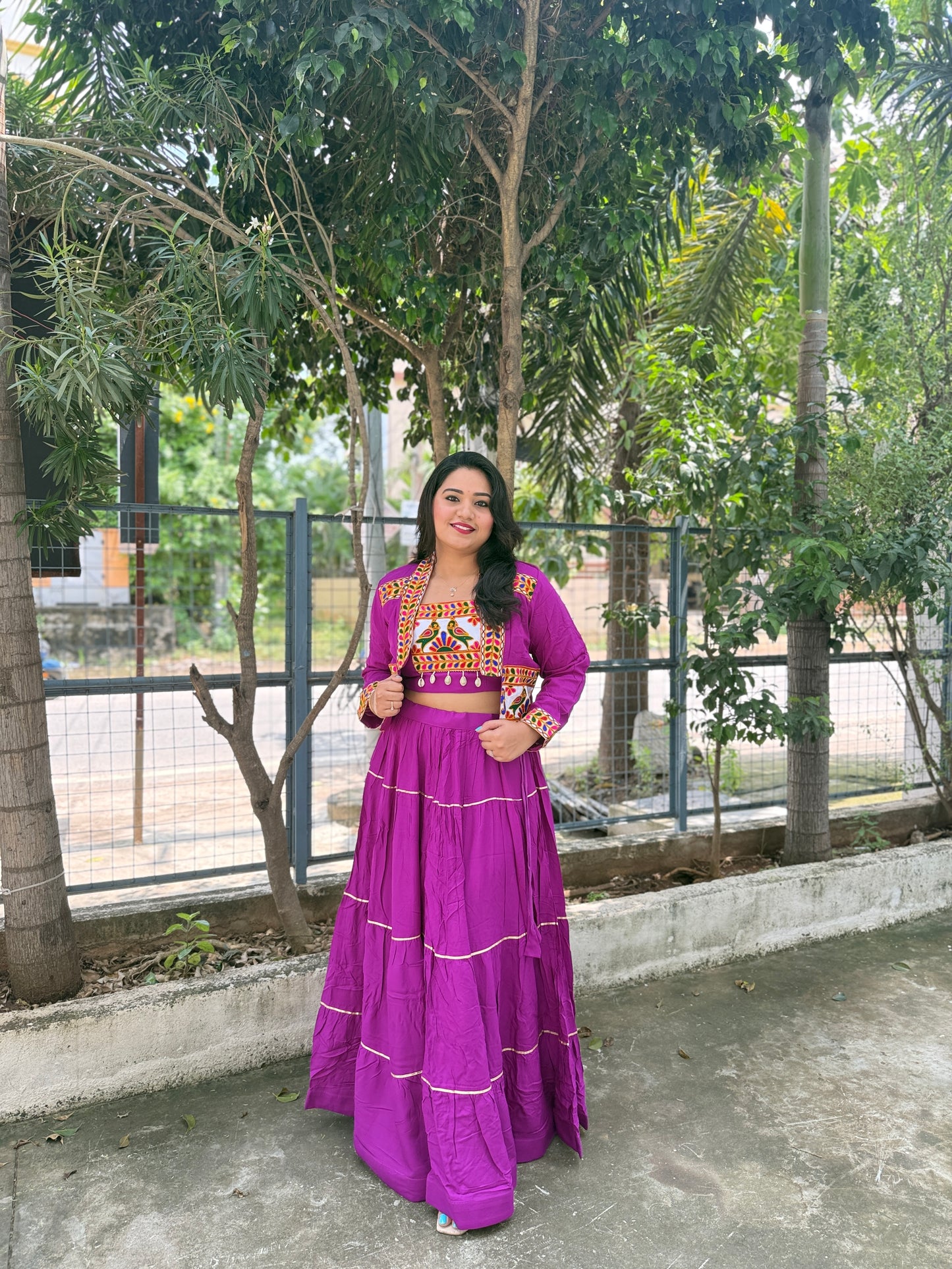 Rayon Lehenga Choli with Embroidered Gamthi Work Koti and Cowrie Lace – Navratri and Festive Wear