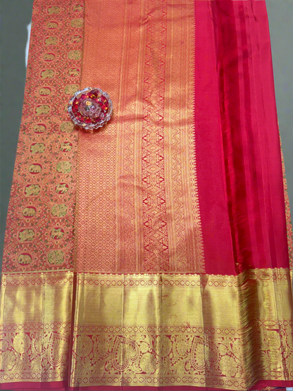 Bright Red Handloom Mulberry Silk Saree with Double Card Meenakari Motifs and Gold Zari Border